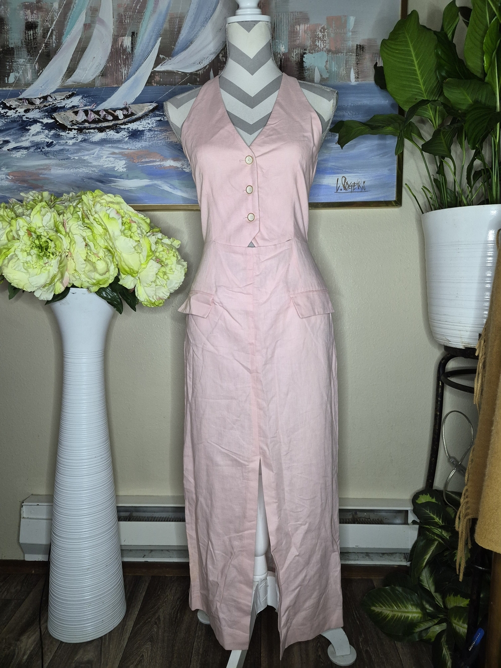 Zara Soft Pink Linen-Blend Halter Jumpsuit